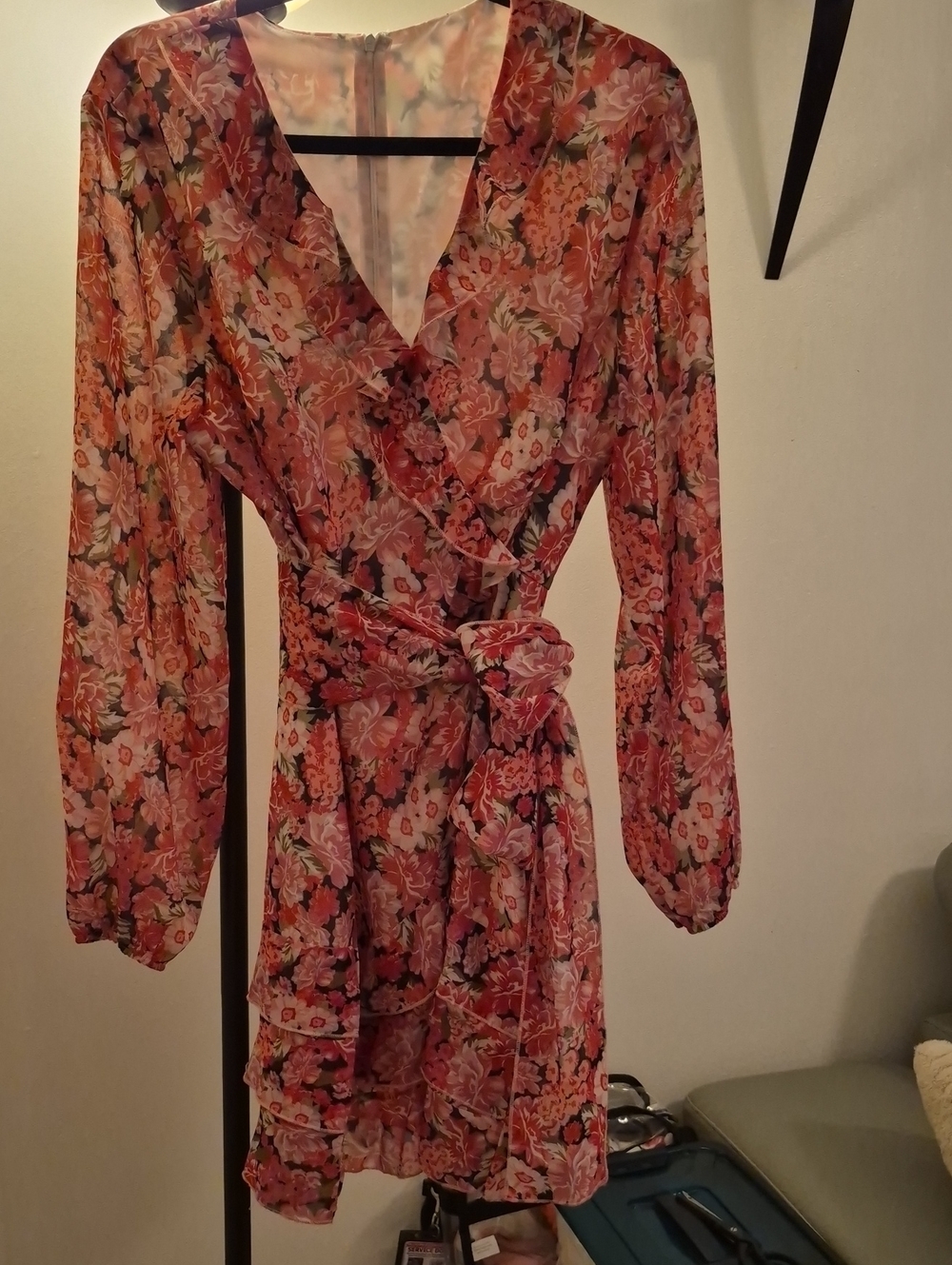 Amazon Essentials Coral Pink Floral Wrap Long-Sleeve Dress